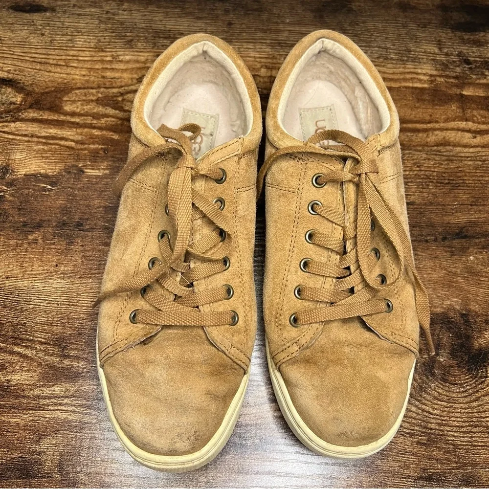 Ugg Brown Tan Suede Leather Sneakers tennis shoes lace up women's 9.5